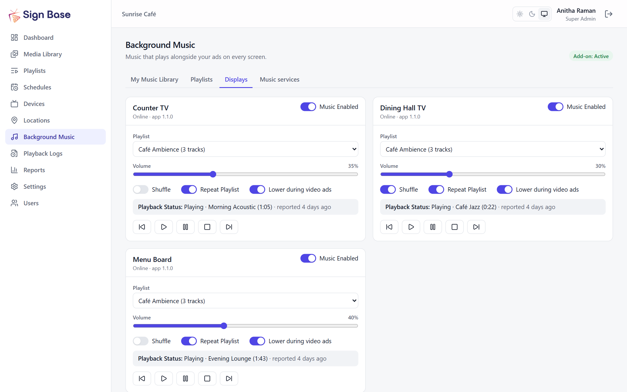 Sign Base background music controls for each screen