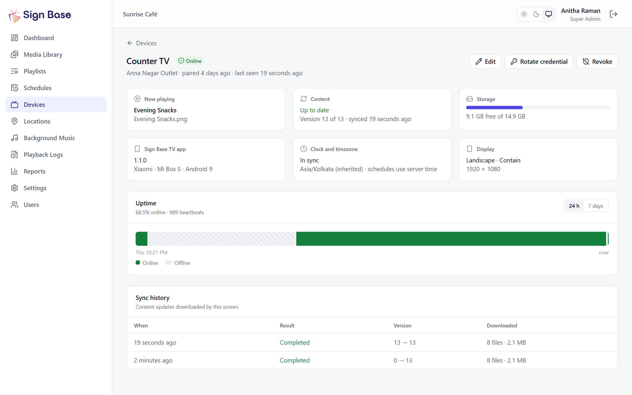 Sign Base screen detail with uptime timeline and sync history