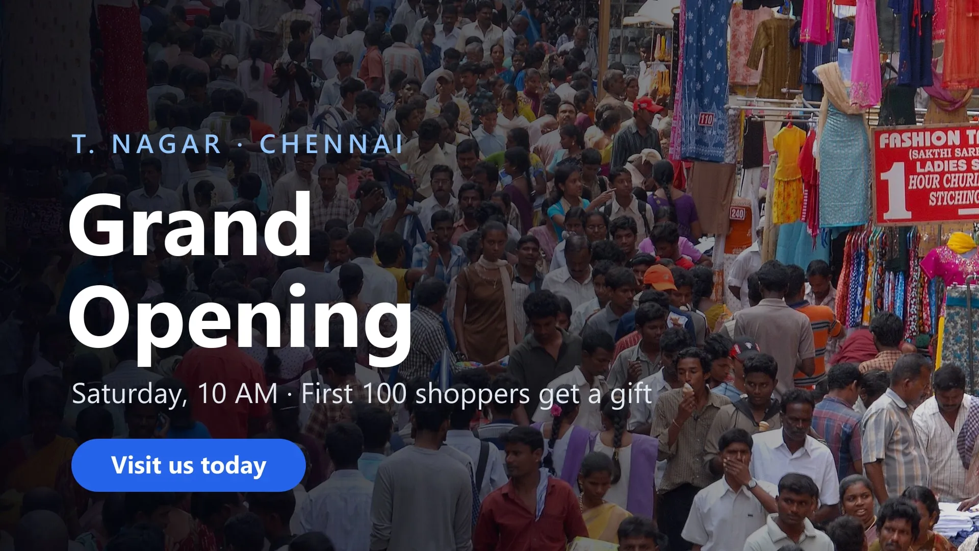 Sample landscape ad: Grand Opening in T. Nagar, Saturday 10 AM