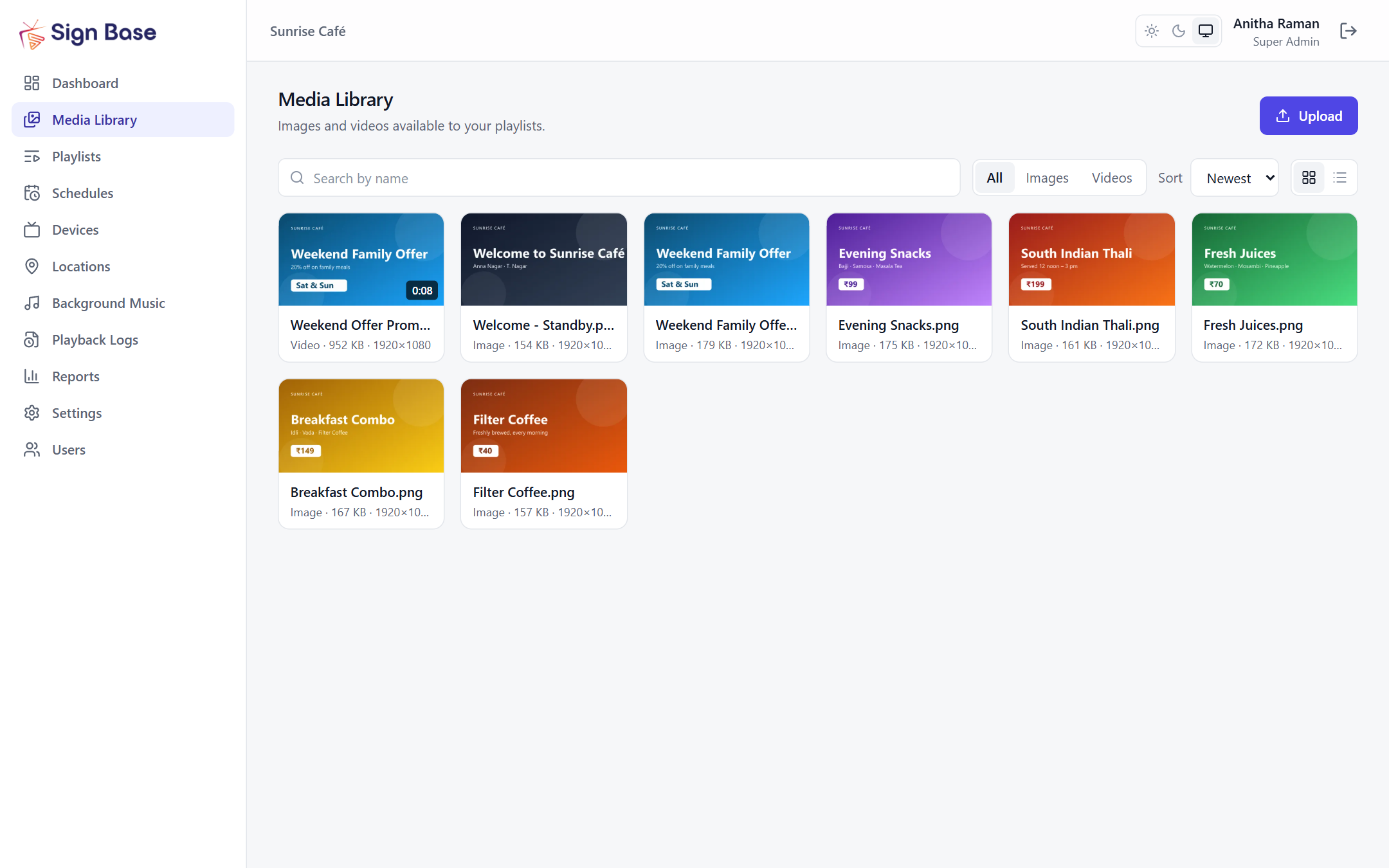 Sign Base media library showing promotional images and a video with thumbnails