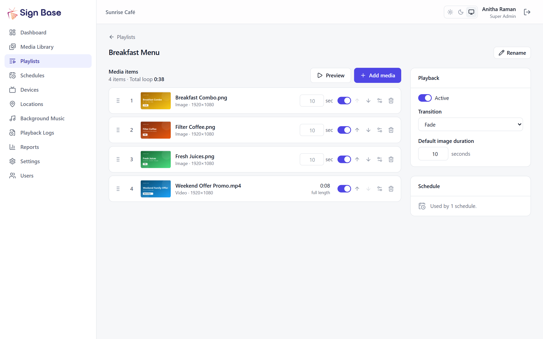 Sign Base playlist builder with breakfast menu items in order