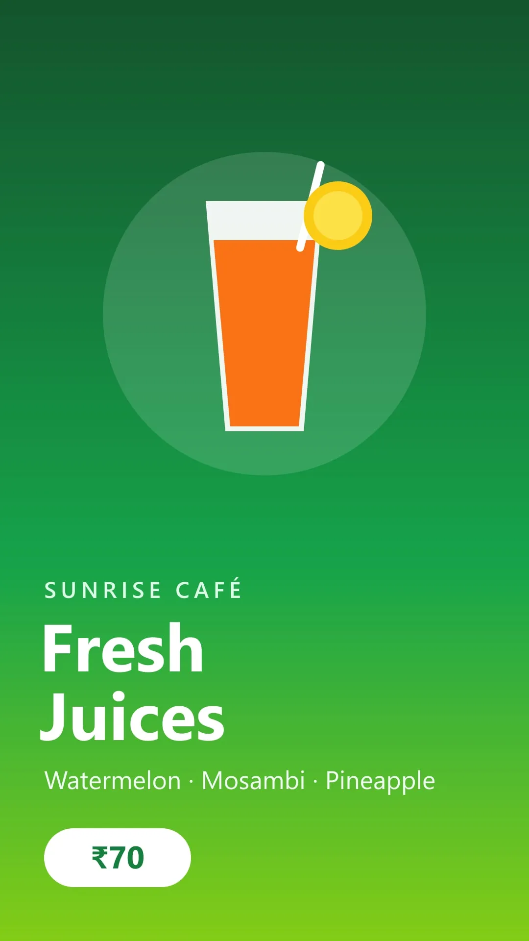Sample portrait ad: fresh juices at Sunrise Café, ₹70