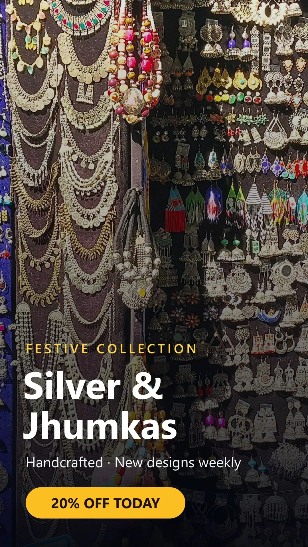 Sample portrait ad: festive silver and jhumkas collection, 20% off today