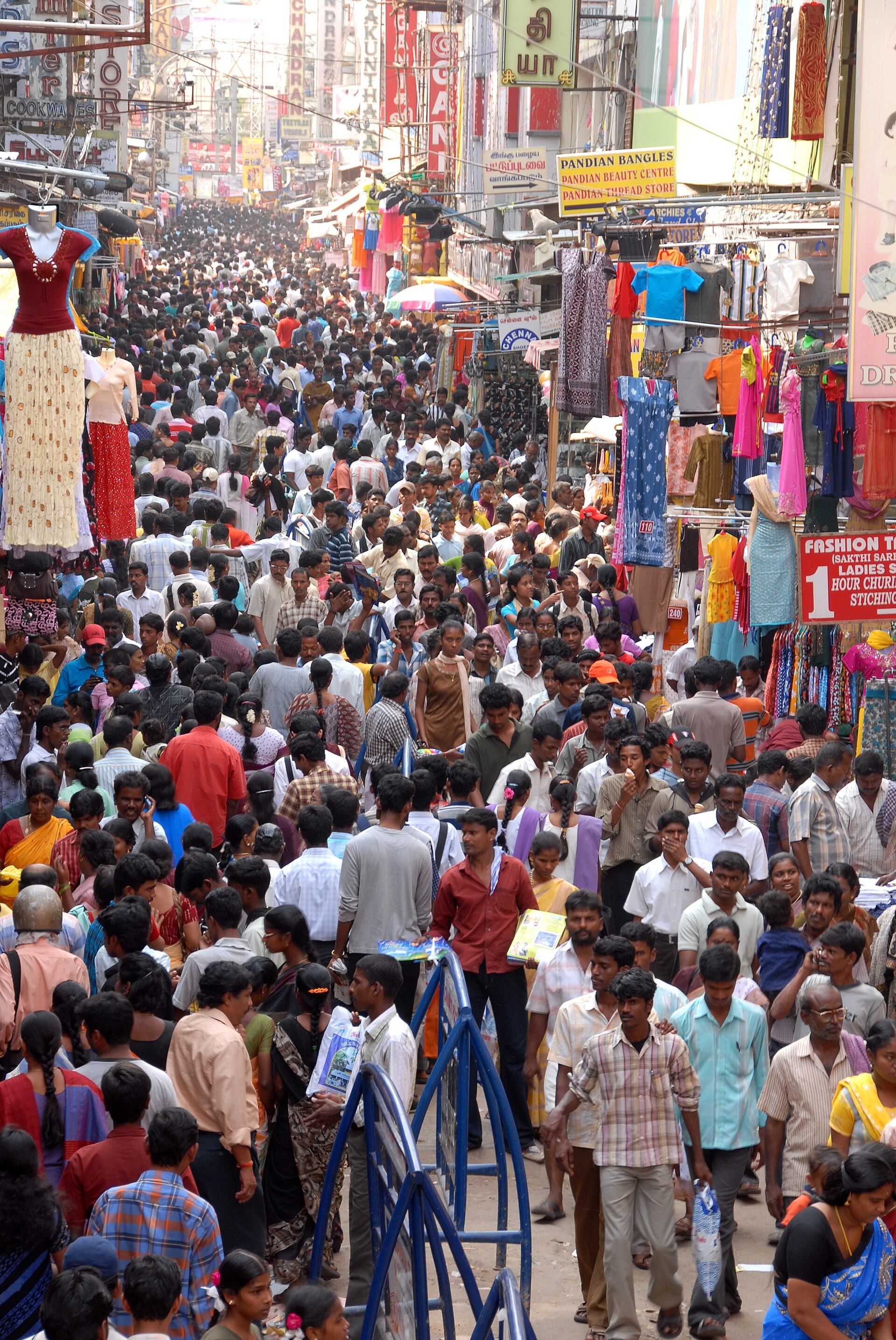 Ranganathan Street in T. Nagar, Chennai, seen from above: a crowded shopping street lined with shop signboards